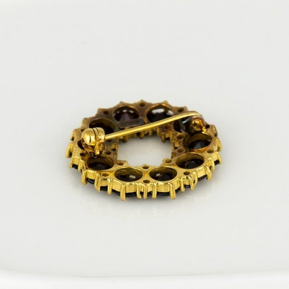 Vintage Genuine Garnet Brooch Gold Tone Circle Tested Dark Round Faceted Germany - Picture 7 of 8